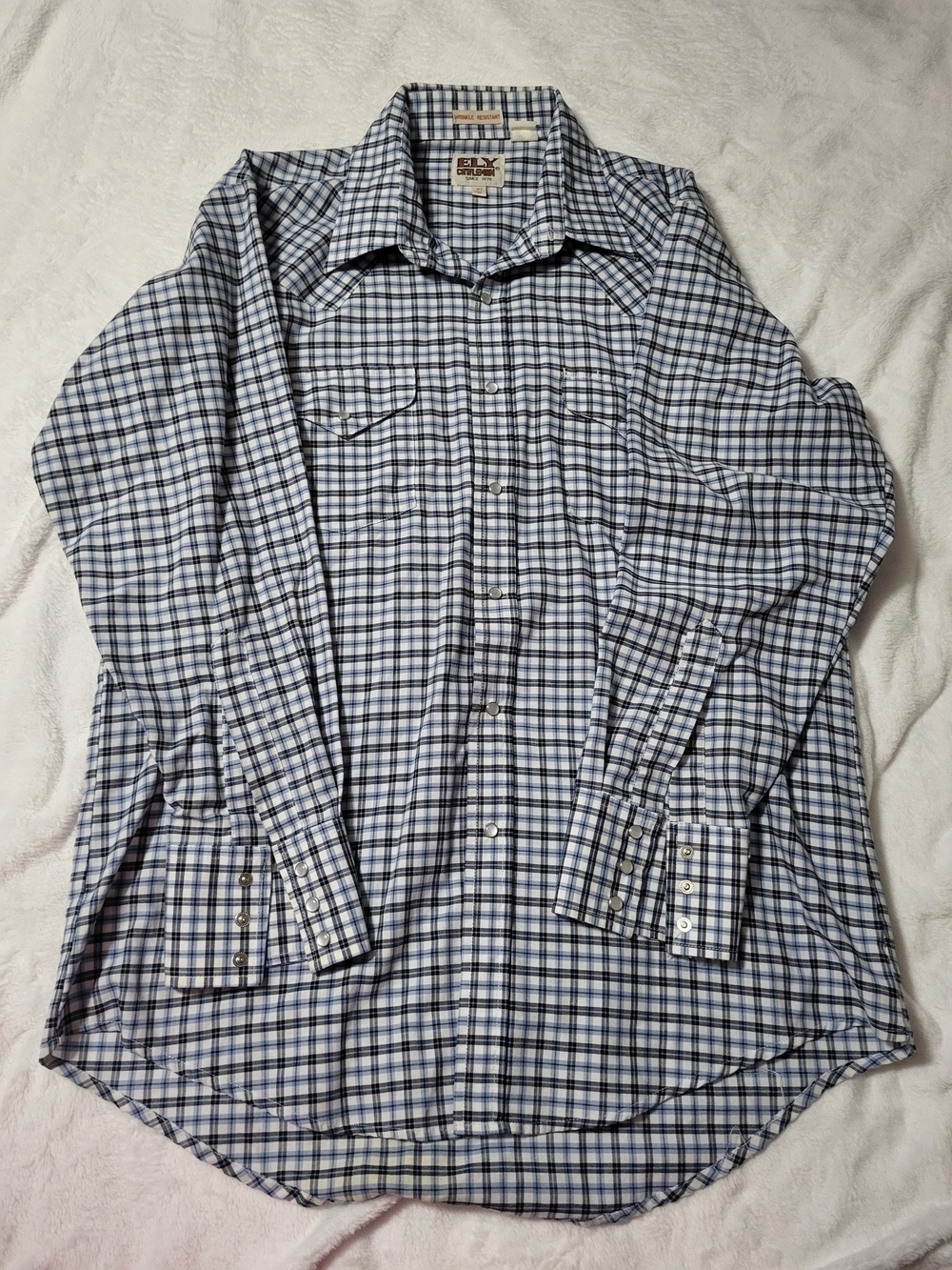 Ely Cattleman 16.5 33 Ranchwear Blue & White Plaid Western Shirt